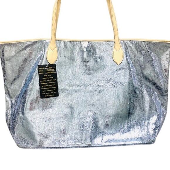 Sorial Holiday Tote Light Blue Vegan Leather Metallic Glazed Shopper Bag NWT - Picture 2 of 9